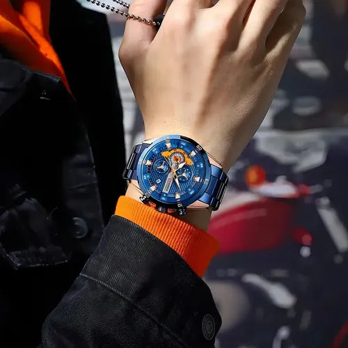 Reloj Curren 8402 Azul/Oro Rosa/Naranja - Metálico de Hombre
