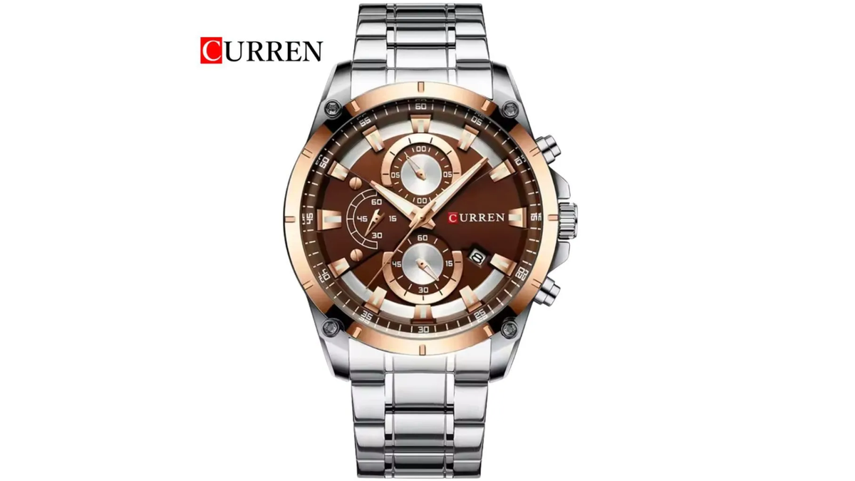 Reloj Curren 8360  Plateado - Bisel Oro Rosa/Café  Metalico de Hombre